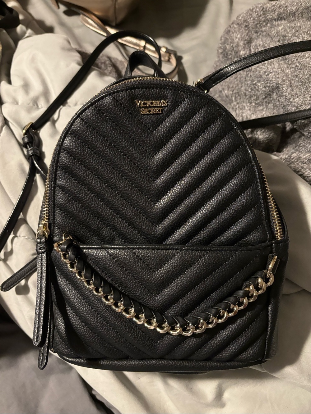 Victoria's Secret Black Quilted Mini Backpack with Gold Chain Accent